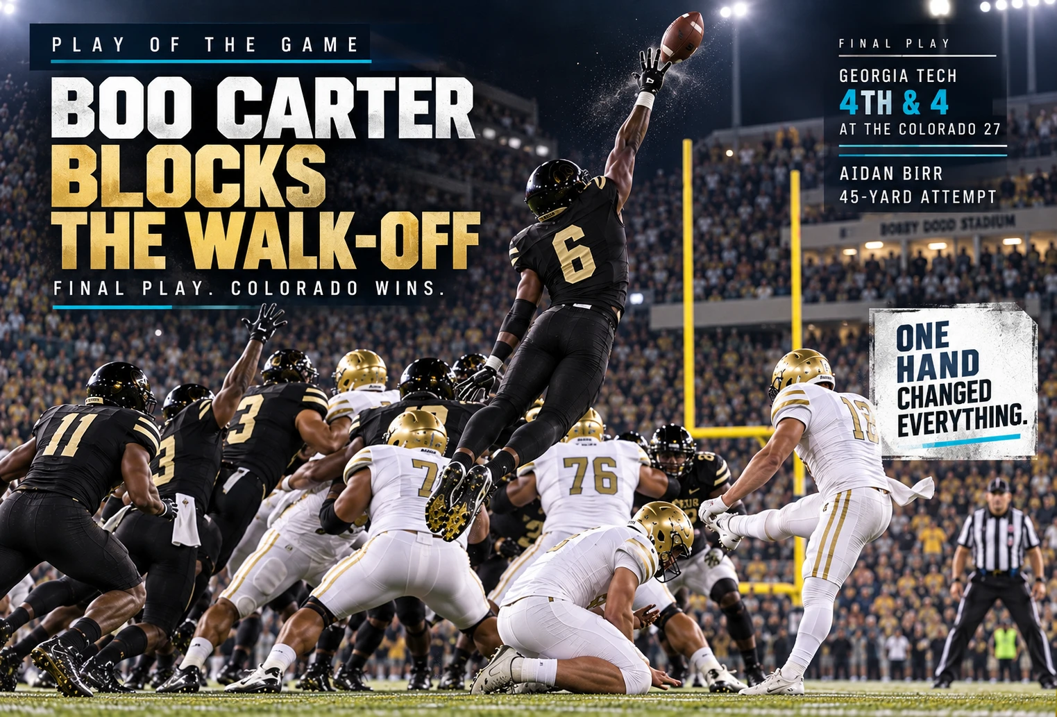 Boo Carter blocks Aidan Birr's game-winning field goal attempt