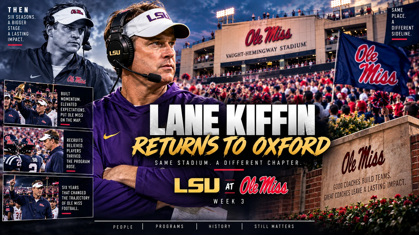 Lane Kiffin returns to Oxford — six seasons, a bigger stage, a lasting impact. LSU at Ole Miss, Week 3.