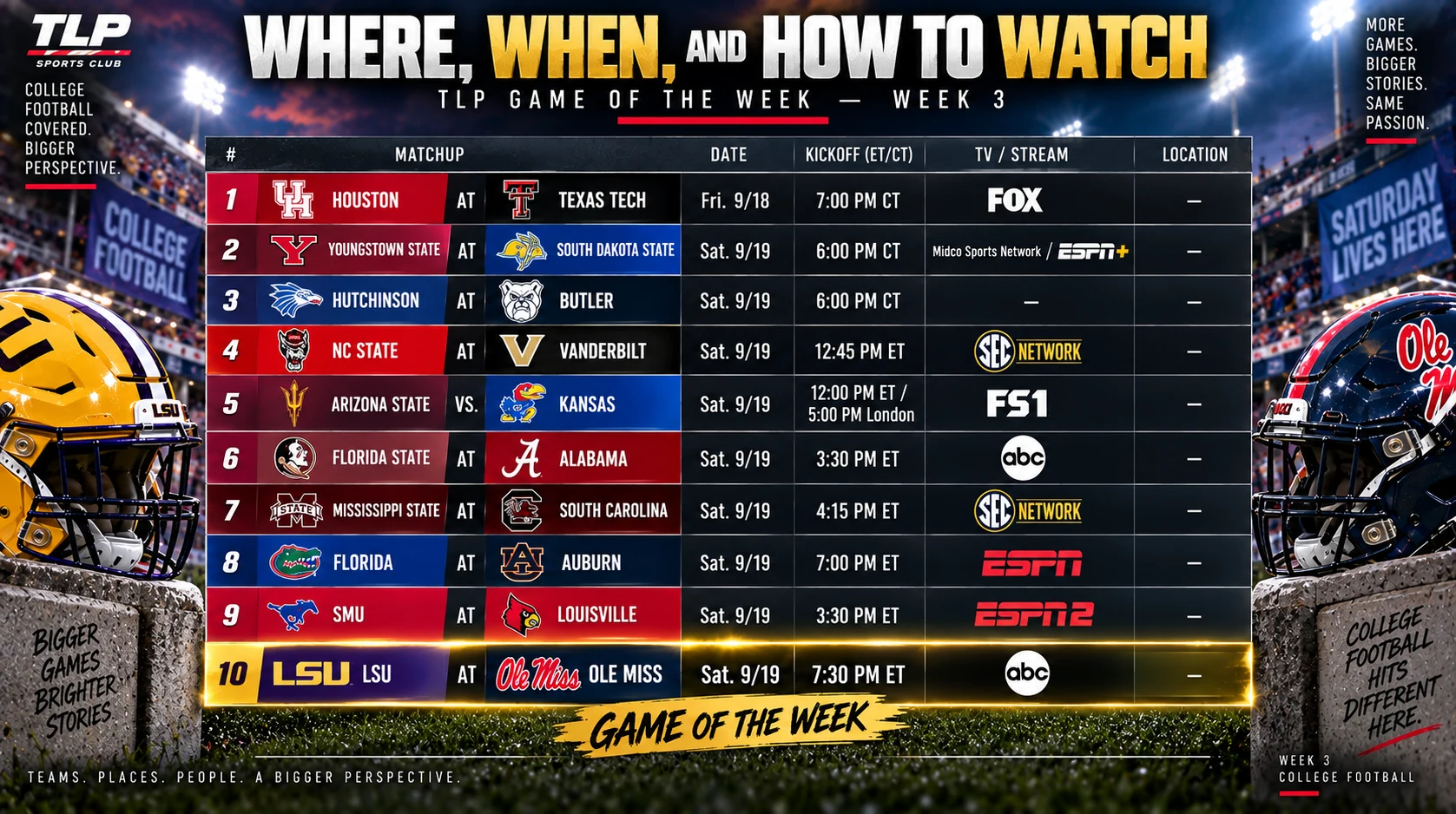 Where, When, and How to Watch — TLP Games Of The Week, Week 3 full schedule, all ten games.