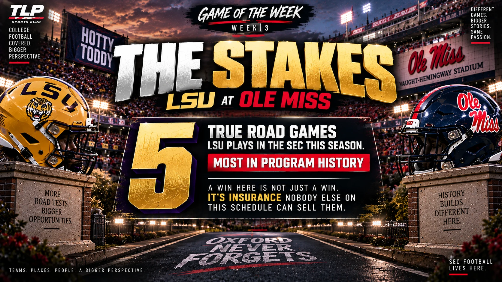 The Stakes: LSU at Ole Miss. 5 true road games LSU plays in the SEC this season — the most in program history. A win here is insurance nobody else on this schedule can sell them.