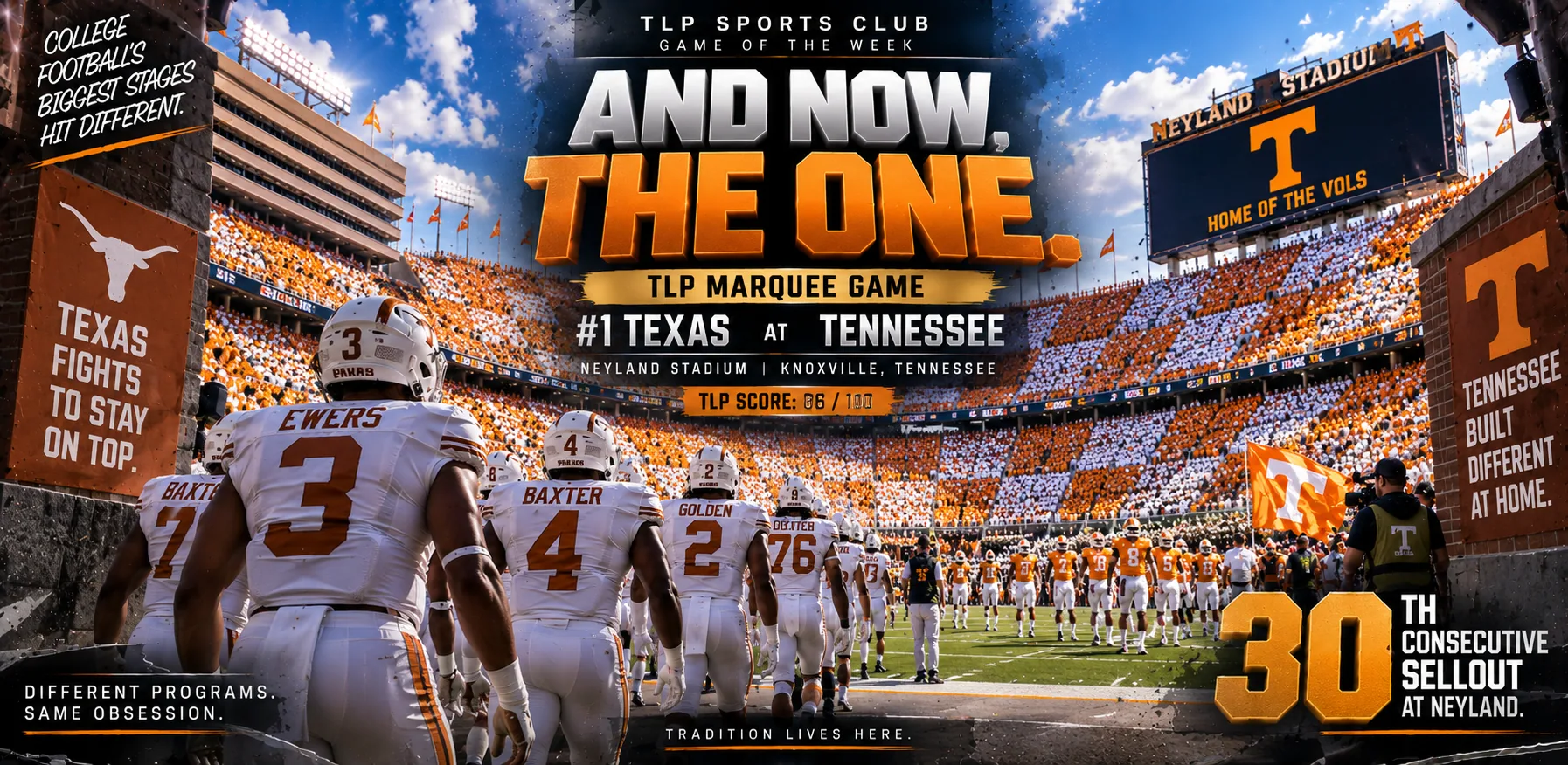 Games Of The Week, Week 4, Marquee game: No. 1 Texas at Tennessee, Neyland Stadium, Knoxville. Noon Eastern. TLP Watch Score 86 out of 100. The 30th consecutive sellout at Neyland.
