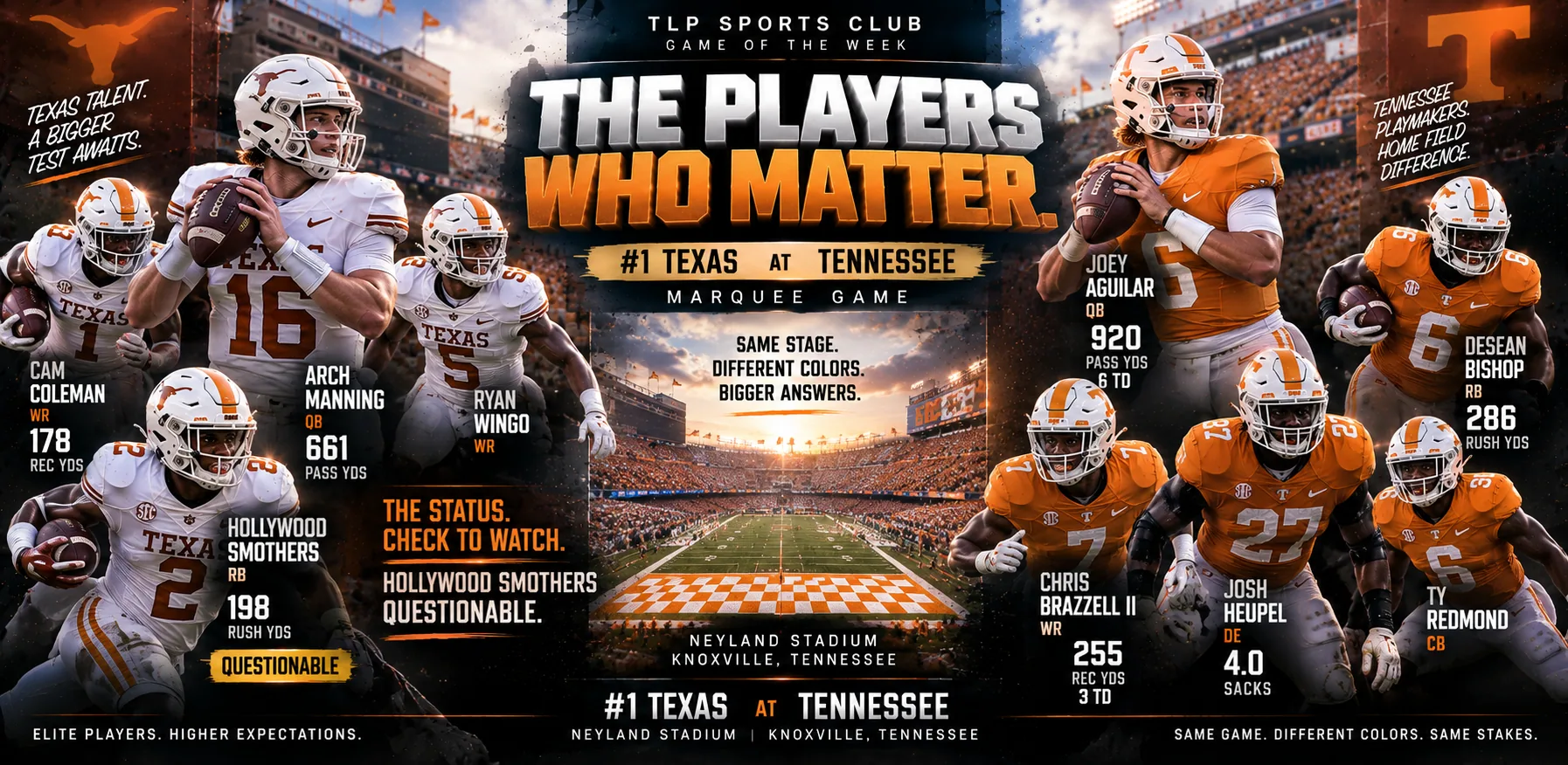 Games Of The Week, Week 4, Marquee game: the players who matter for Texas and Tennessee.