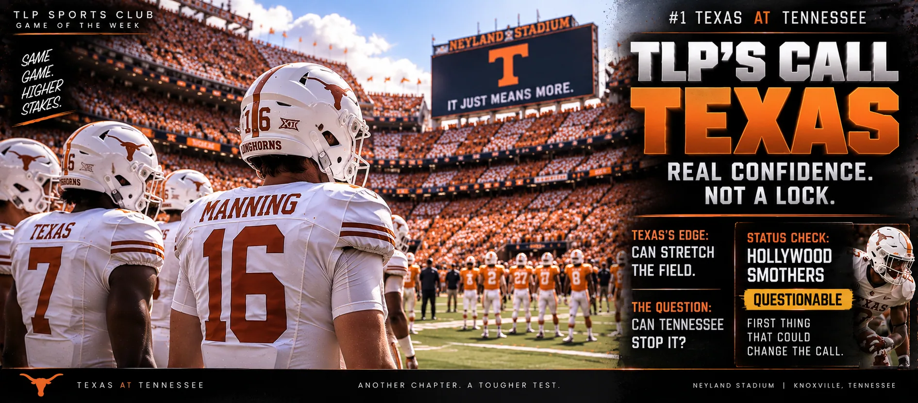 Games Of The Week, Week 4, TLP's call: Texas. Real confidence, not a lock. Hollywood Smothers's status is the first thing that could change it.