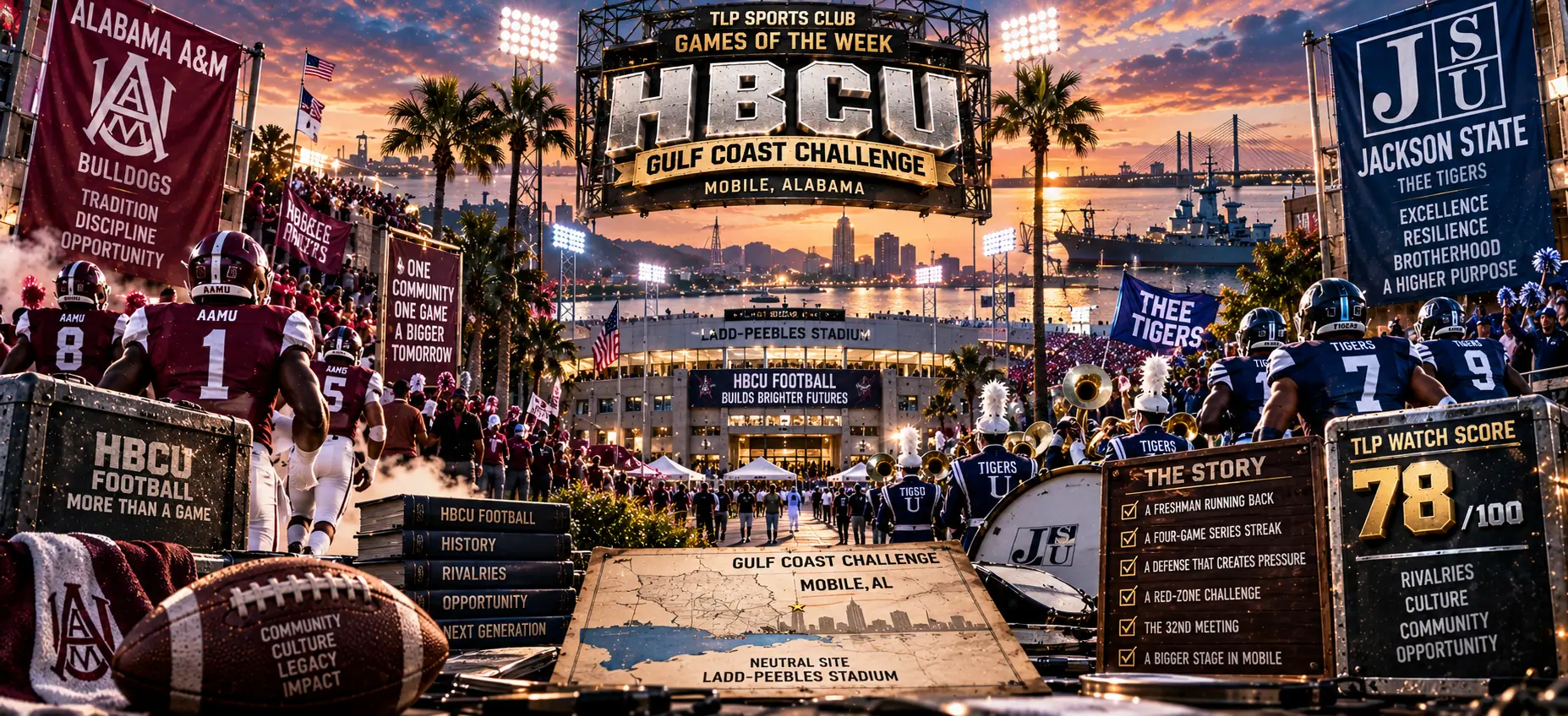 Games Of The Week, Week 5, HBCU: Alabama A&M vs. Jackson State in the Gulf Coast Challenge at Ladd-Peebles Stadium, Mobile, Alabama. TLP Watch Score 78 out of 100.
