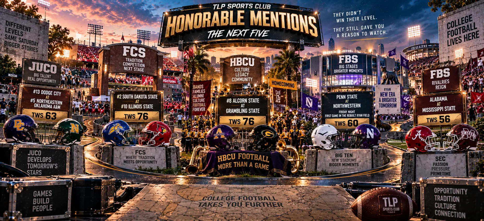 Games Of The Week, Week 5, Honorable mentions, the next five: Dodge City at Northeastern Oklahoma A&M, South Dakota State at Illinois State, Alcorn State at Grambling State, Penn State at Northwestern, and Alabama at Mississippi State.