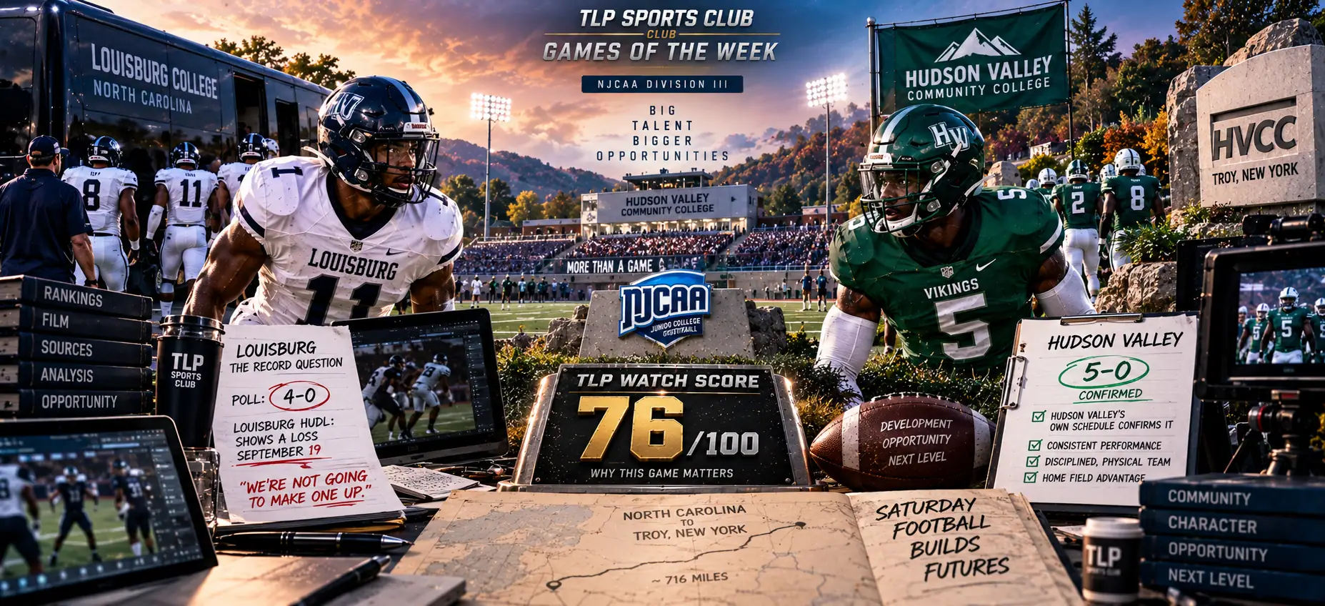Games Of The Week, Week 5, JUCO, NJCAA Division III: No. 2 Louisburg at No. 3 Hudson Valley in Troy, New York. TLP Watch Score 76 out of 100.