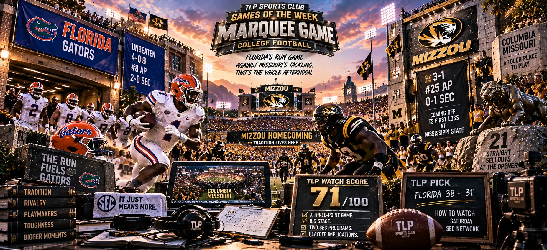 Games Of The Week, Week 5, Marquee game: No. 8 Florida at No. 25 Missouri, Homecoming in Columbia. TLP Watch Score 71 out of 100.