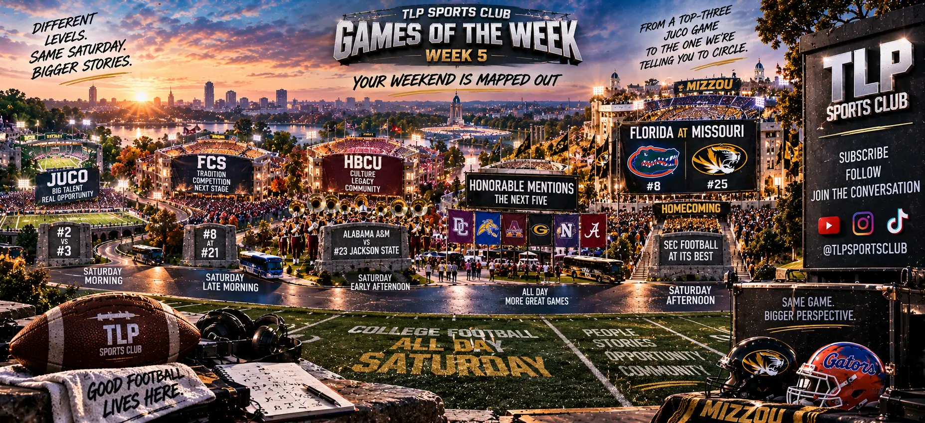 Games Of The Week, Week 5, your weekend is mapped out: junior college Saturday morning, FCS late morning, HBCU early afternoon, and Florida at Missouri on Saturday afternoon.