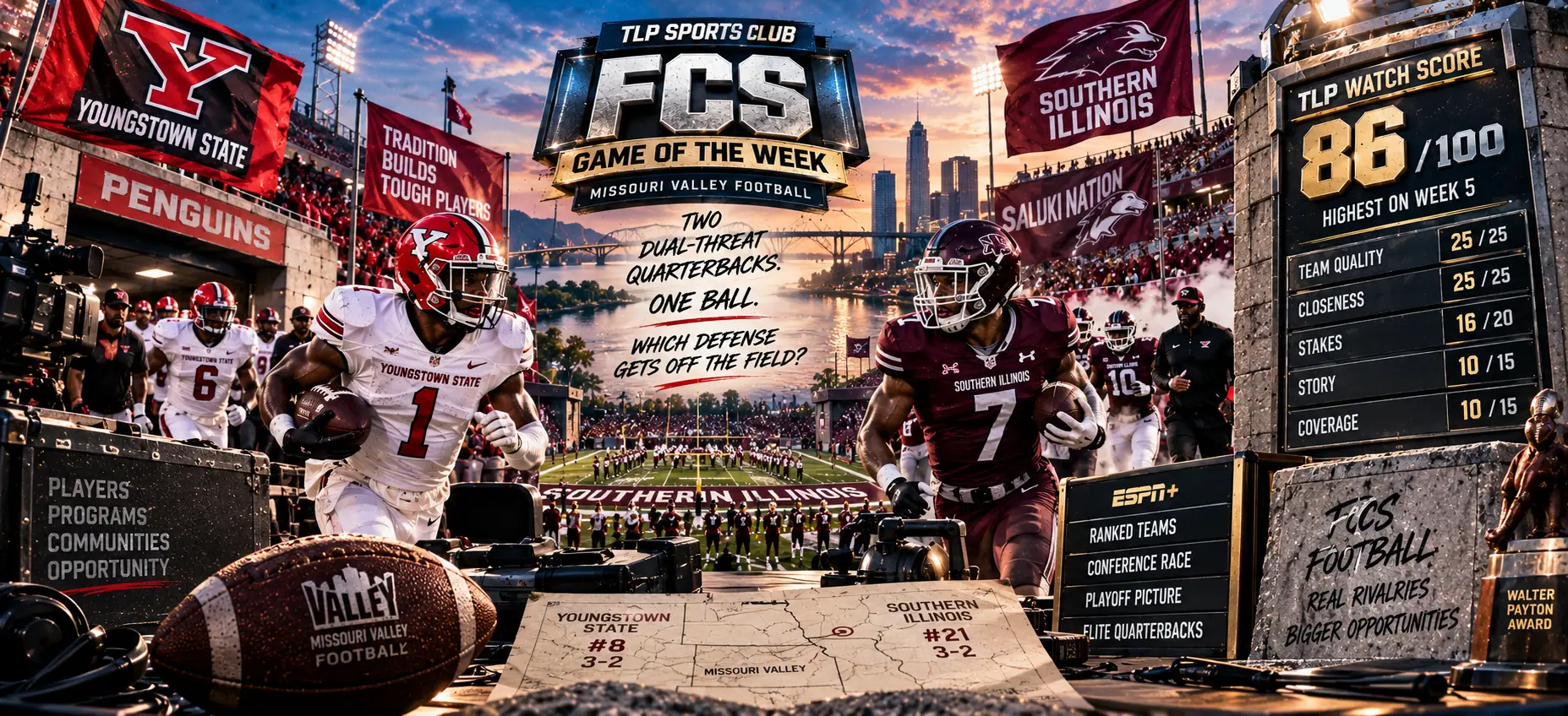 Games Of The Week, Week 5, FCS: No. 8 Youngstown State at No. 21 Southern Illinois, two dual-threat quarterbacks and one ball. TLP Watch Score 86 out of 100, the highest on the board.