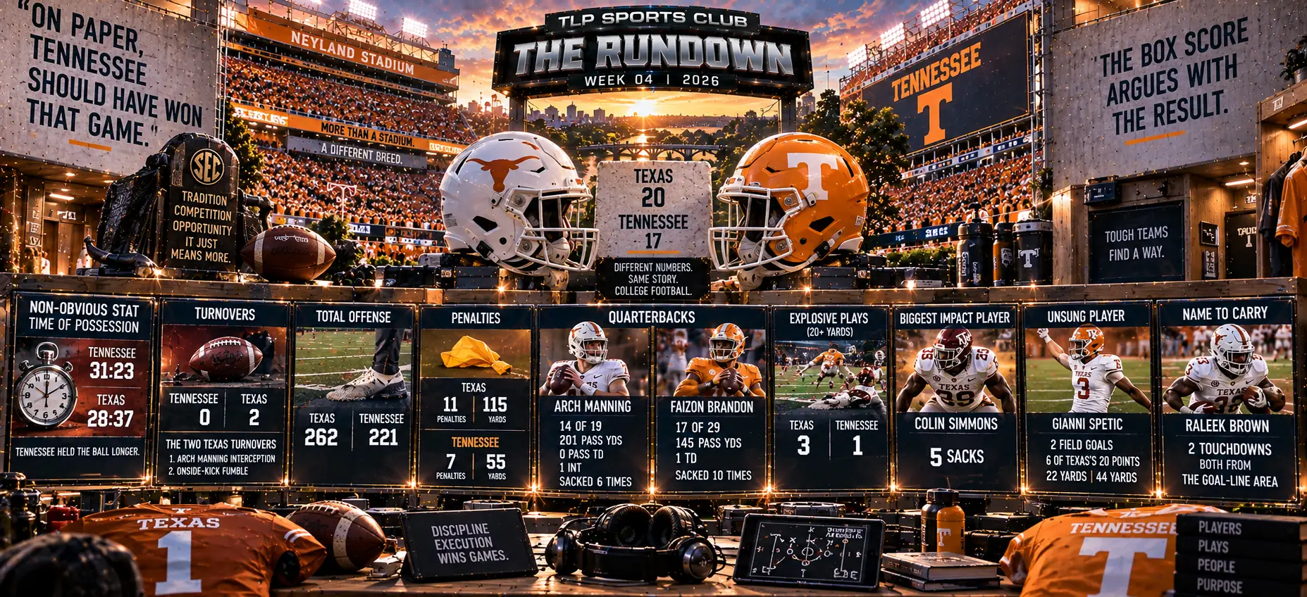 The Rundown, Week 4, Marquee Game: the box score numbers for Texas and Tennessee, including ten sacks.