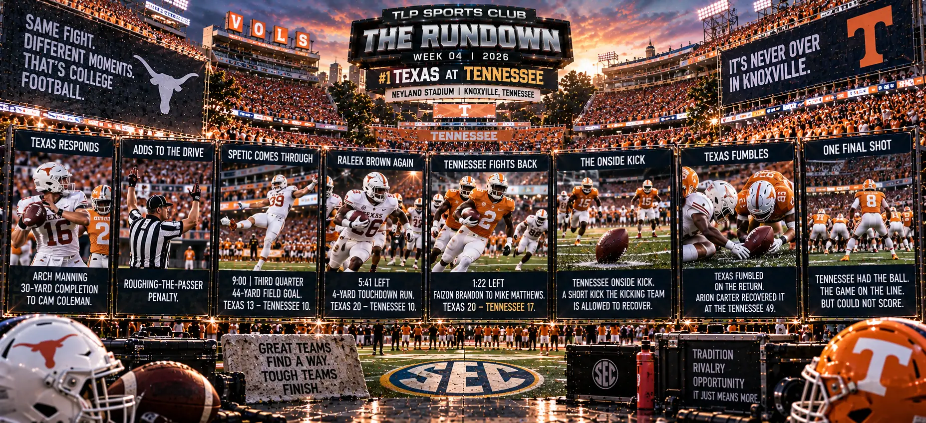The Rundown, Week 4, Marquee Game: how Texas at Tennessee unfolded, from the opening score to the onside kick.