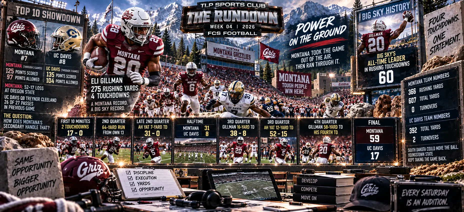 The Rundown, Week 4, FCS: Montana 62, UC Davis 22, powered by Eli Gillman and the ground game.