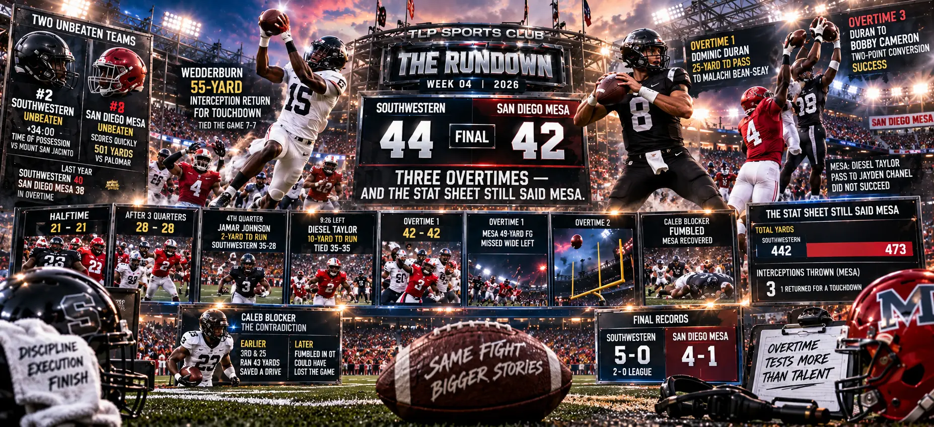 The Rundown, Week 4, JUCO: Southwestern 44, San Diego Mesa 42 in three overtimes.