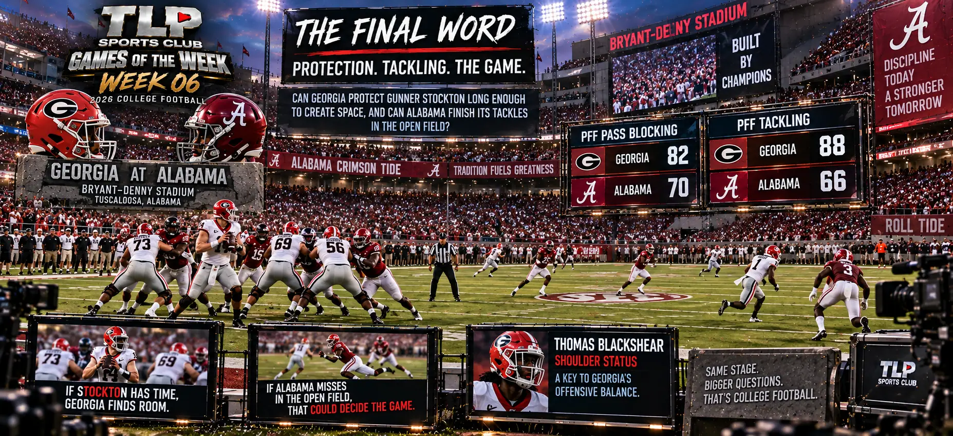 Games Of The Week, Week 6, The final word: protection, tackling, the game. Can Georgia protect Gunner Stockton long enough, and can Alabama finish its tackles.