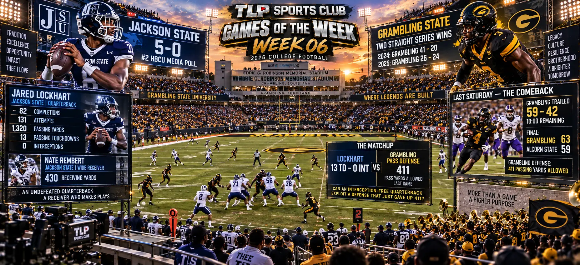 Games Of The Week, Week 6, HBCU: No. 2 Jackson State at Grambling State, Eddie G. Robinson Memorial Stadium. TLP Watch Score 74 out of 100.