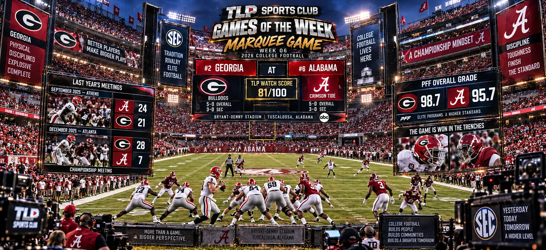 Games Of The Week, Week 6, Marquee game: No. 2 Georgia at No. 6 Alabama, Bryant-Denny Stadium, Tuscaloosa. TLP Watch Score 81 out of 100.