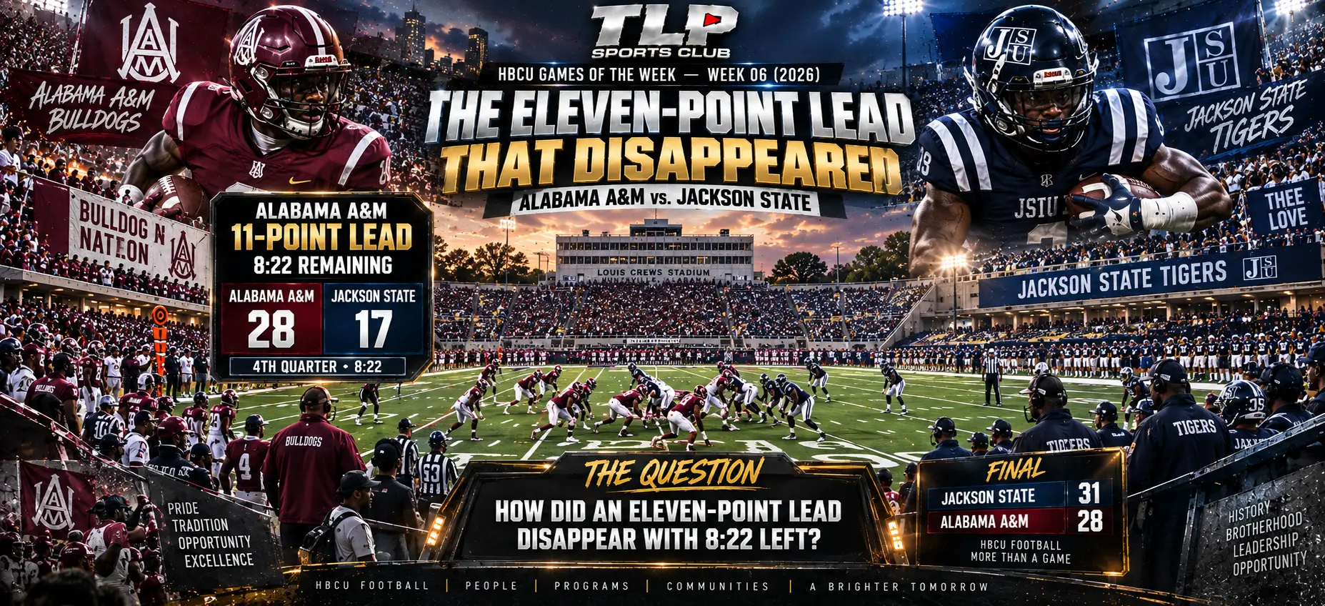 HBCU Game of the Week, Week 6: The eleven-point lead that disappeared. Alabama A&M led Jackson State 28–17 with 8:22 left and lost 31–28.