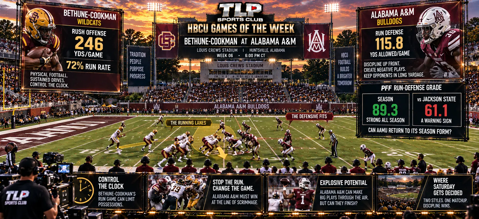 HBCU Game of the Week, Week 6: Bethune-Cookman at Alabama A&M, Louis Crews Stadium, Huntsville. Bethune-Cookman rushes 246 yards a game and runs 72 percent of the time; Alabama A&M allows 115.8.