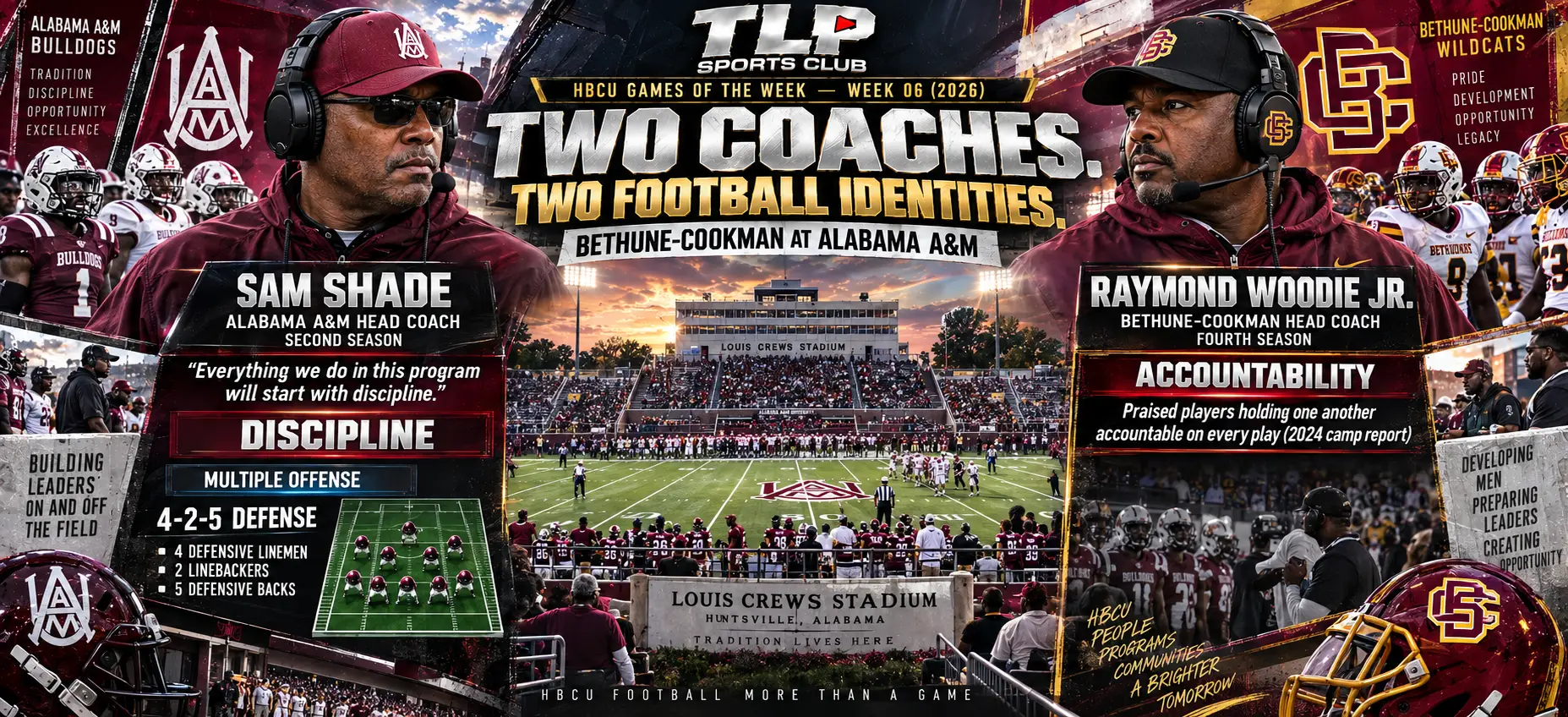 Two coaches, two football identities: Sam Shade of Alabama A&M and Raymond Woodie Jr. of Bethune-Cookman.