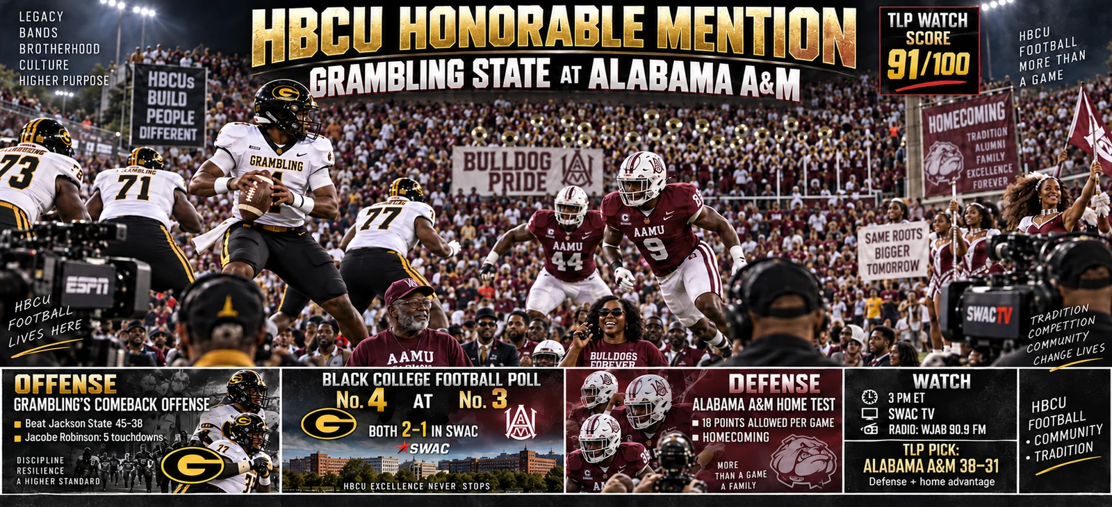 HBCU Honorable Mention: Grambling State at Alabama A&M — 91/100.