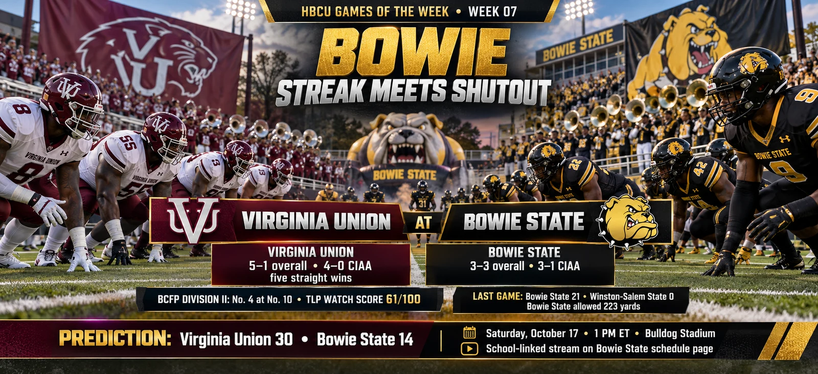 Also on the slate: Virginia Union at Bowie State — 61/100.