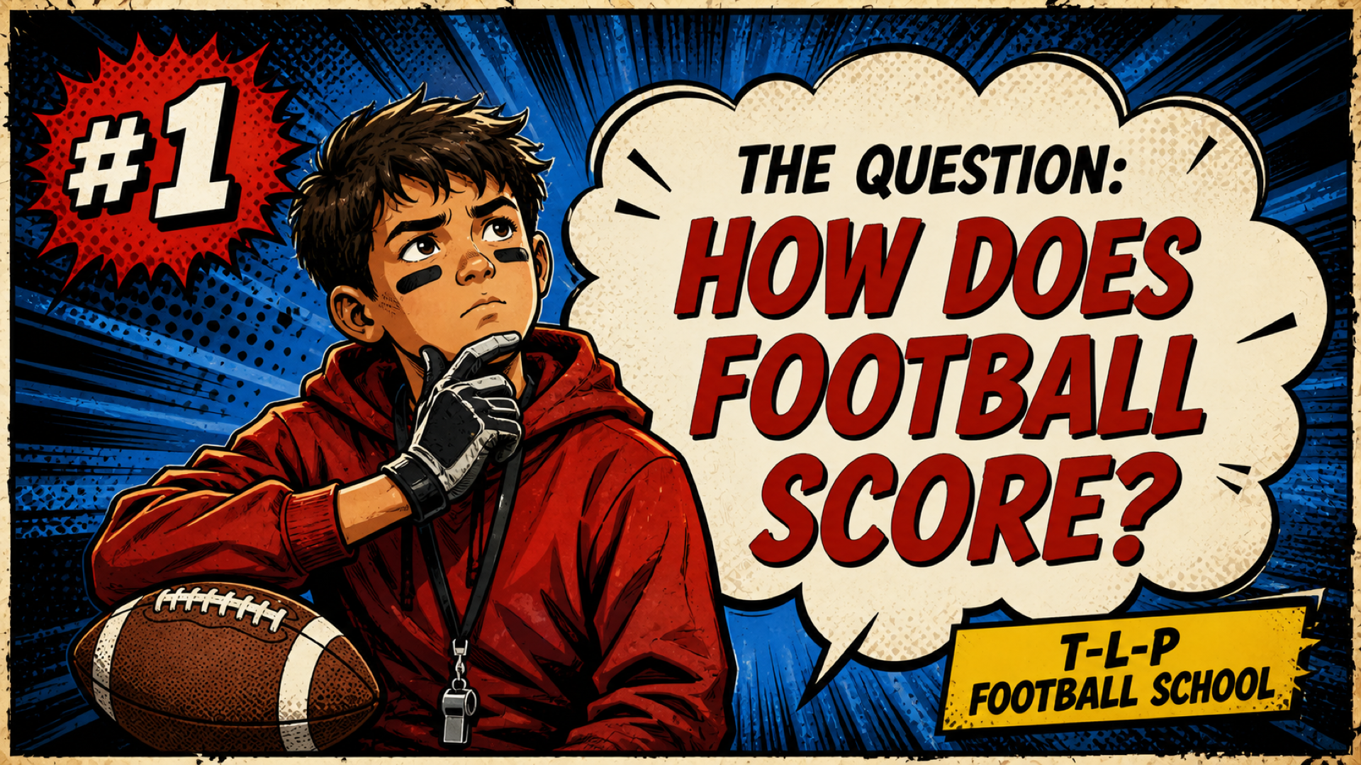 Comic-style opening question asking how football scores.