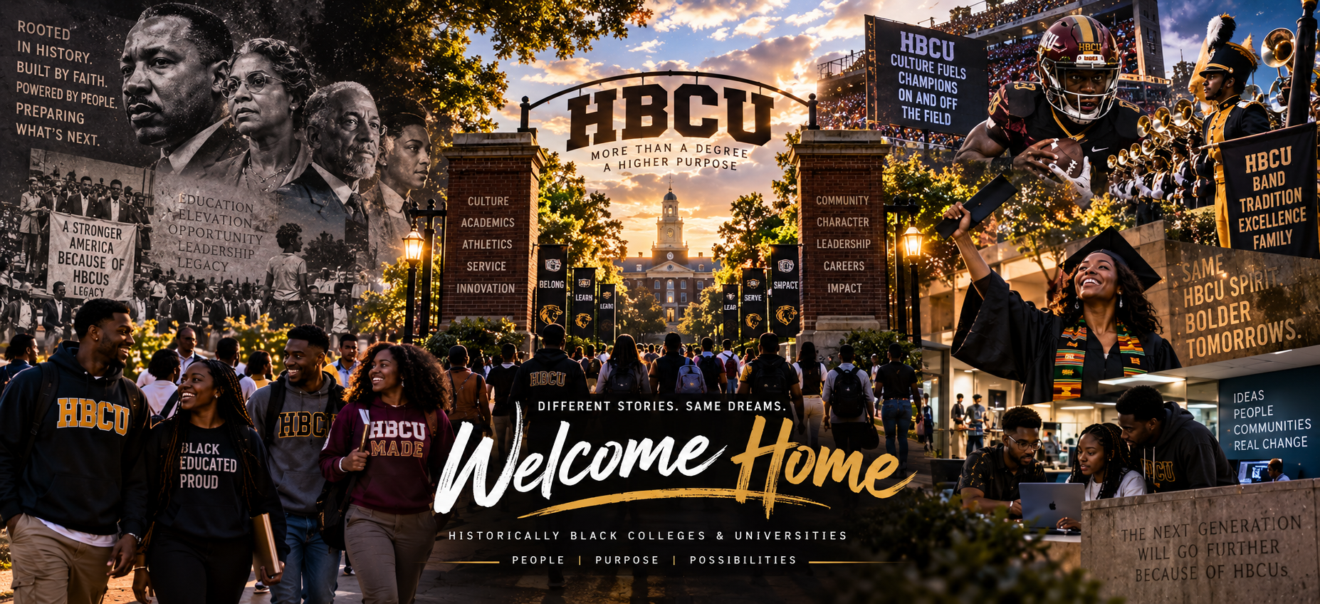 Welcome Home: HBCU education, community, football, band traditions, and graduation.